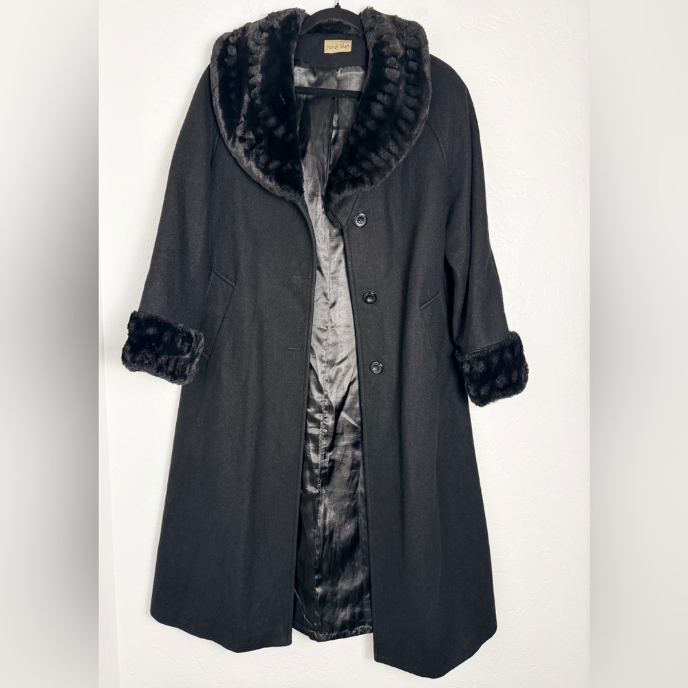 Midnight Velvet Elegant Trench Coat Women M/L Black Faux Fur Collar Cuff Formal